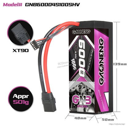 GNB60004S100SHV battery dimensions diagram (139×50×48mm) with XT90 connector and ~501g weight