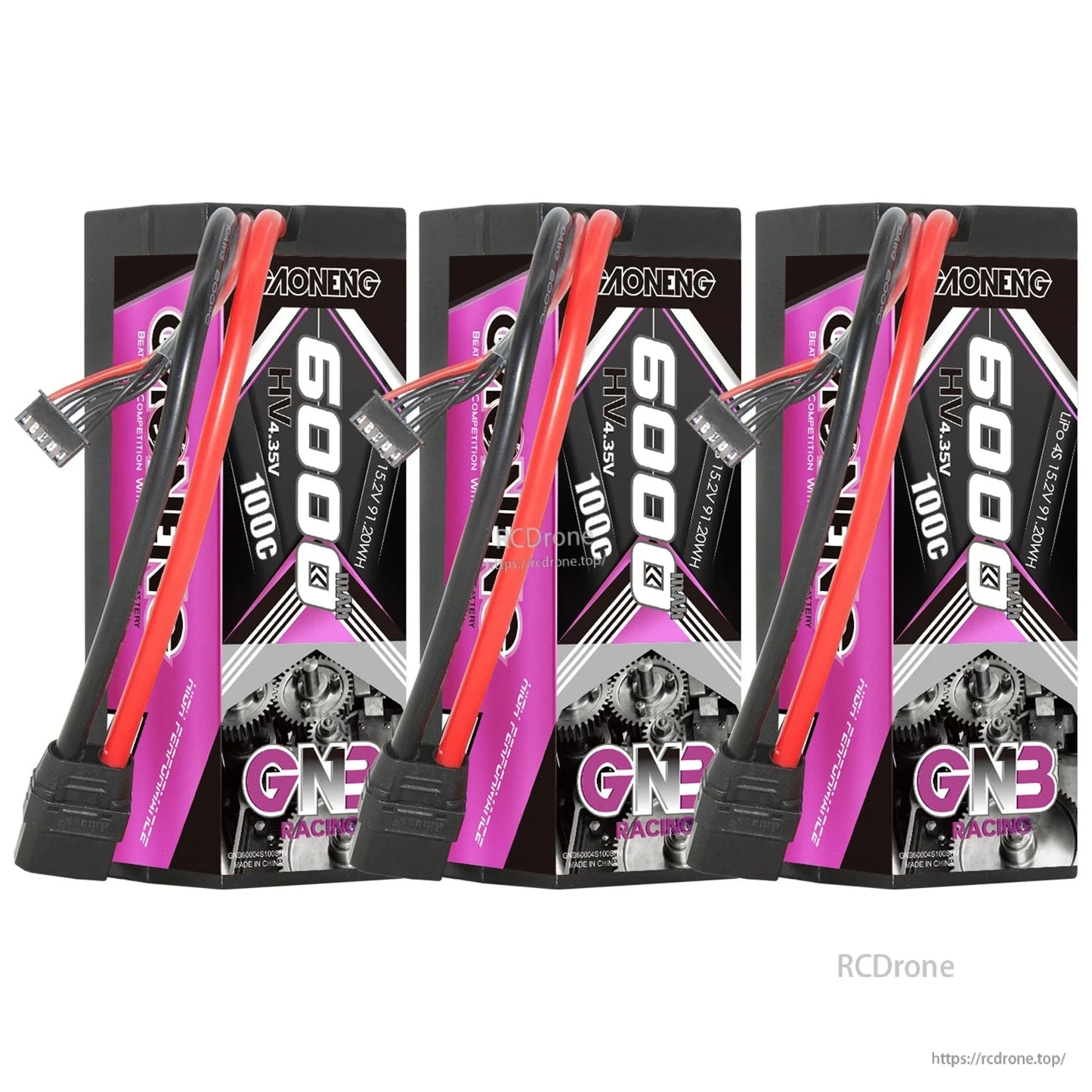 Three GAONENG GNB 6000mAh 4S hard case batteries lineup with XT90 plugs and balance leads