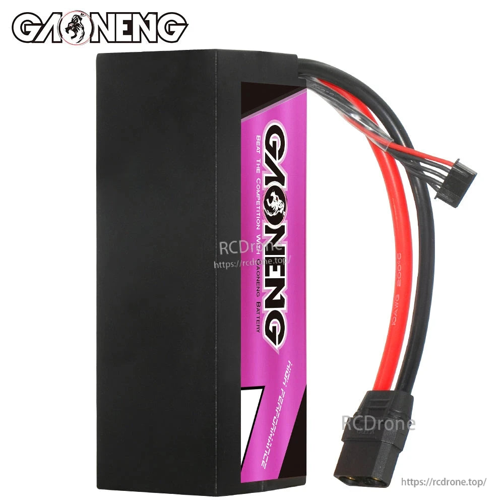 Rear/side view of GAONENG GNB hard case battery showing plain black case, side label, and balance plug