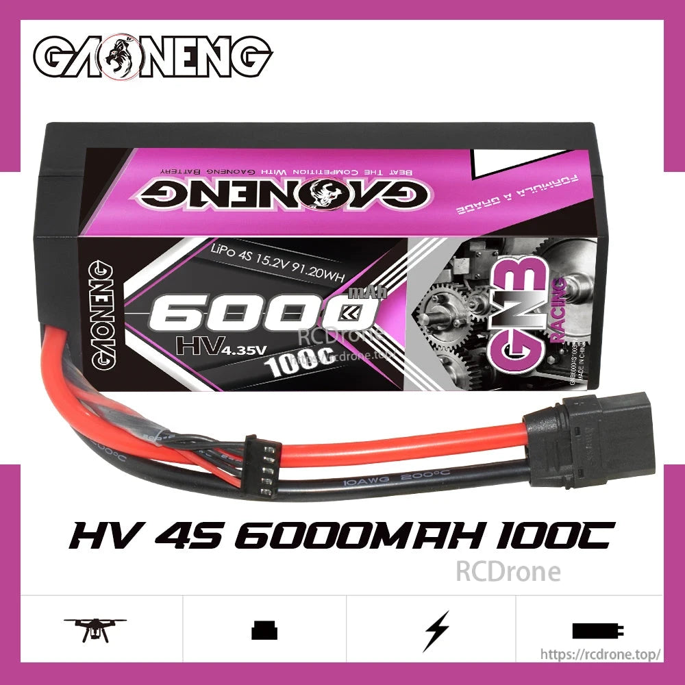 GAONENG GNB HV 4S 6000mAh 100C hard case battery side profile with attached leads