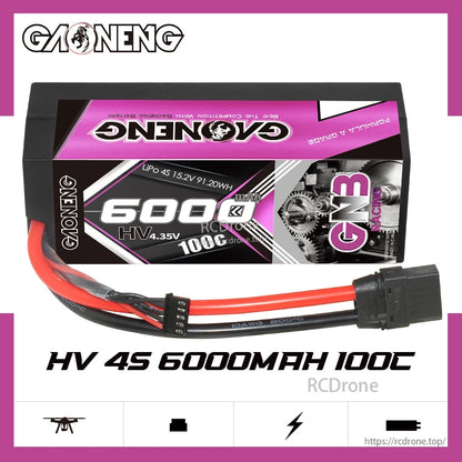 GAONENG GNB HV 4S 6000mAh 100C hard case battery side profile with attached leads