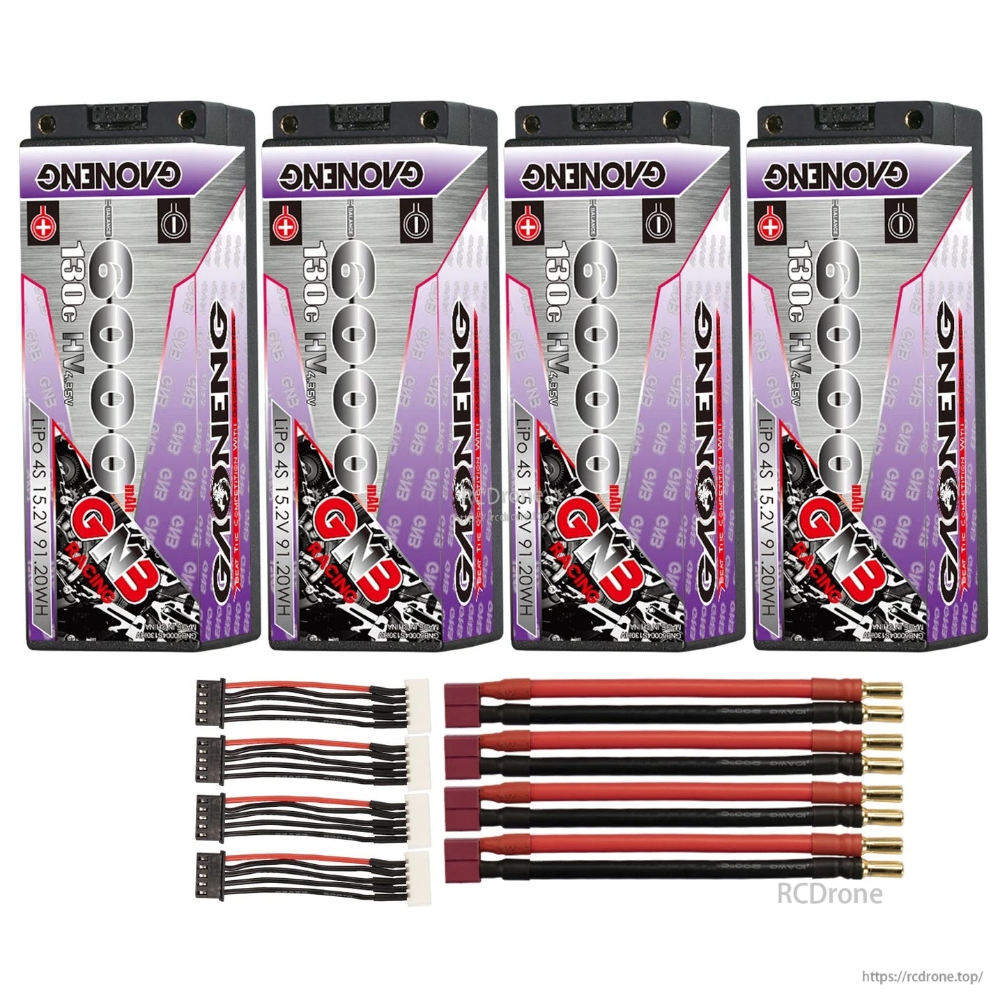 Four batteries with red/black power lead sets and four balance harnesses displayed as a 4-pack option