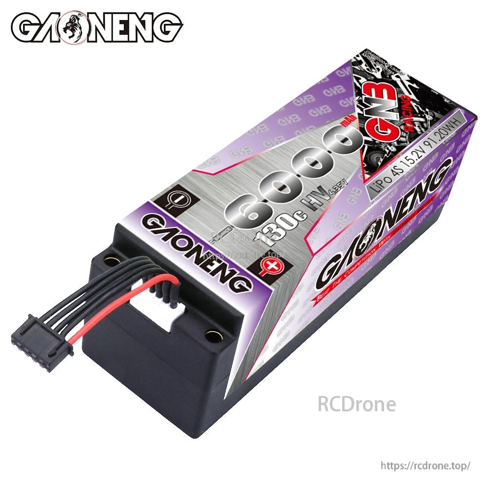 Rear-end angle showing hard case battery with balance lead exiting the end cap and mounting holes
