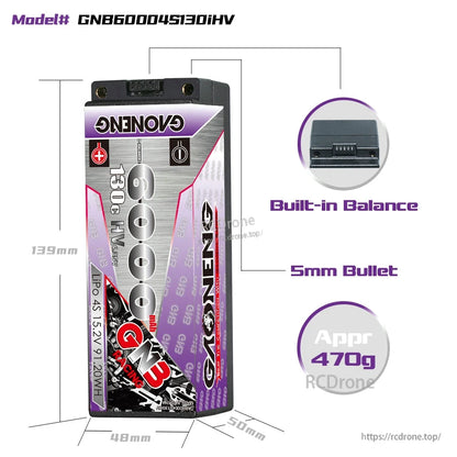 Battery size diagram with dimensions, built-in balance port close-up, 5mm bullet notes, and approx 470g weight