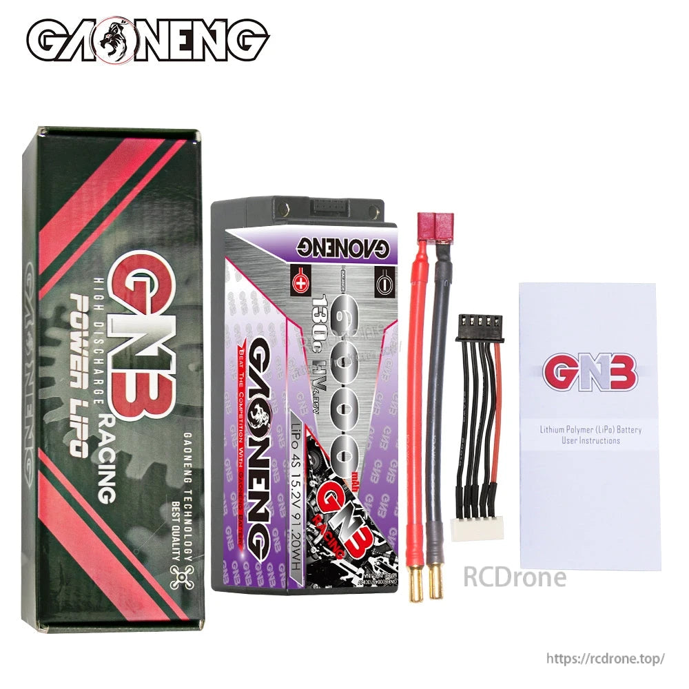 Package contents: GNB Racing battery, retail box, 5mm bullet adapter leads, balance lead, and user instructions