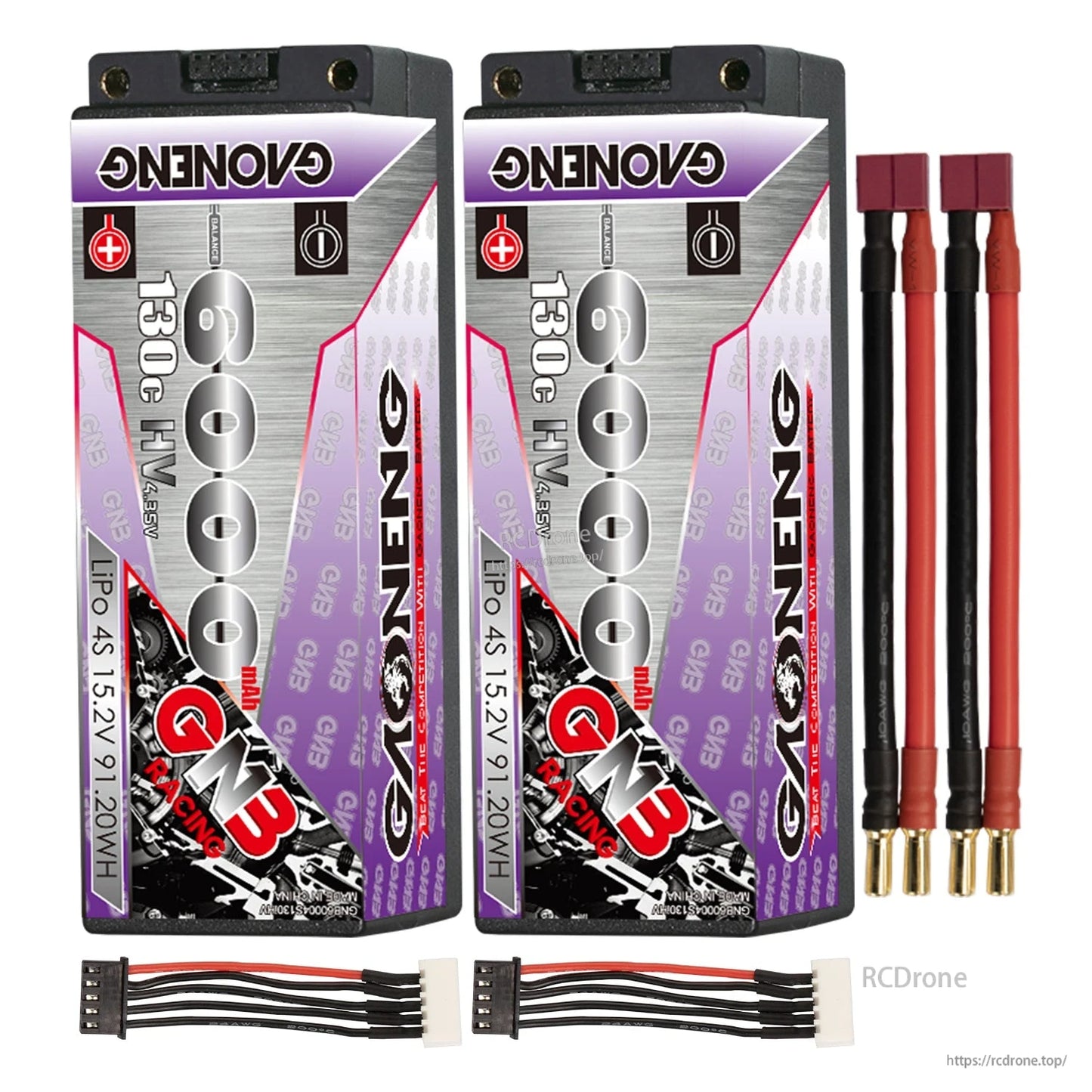 Two batteries with red/black power lead sets and two 4S balance lead harnesses shown as a bundle option