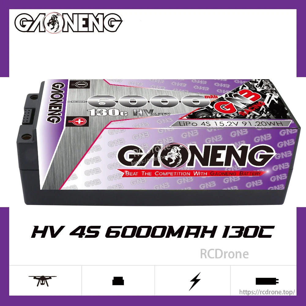 GAONENG GNB HV 4S 6000mAh 130C hard case LiPo battery promo graphic with product name and icons