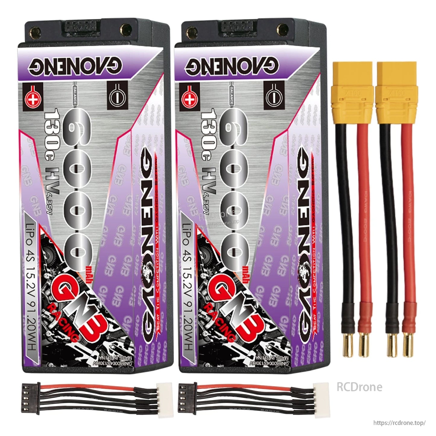 Two-pack bundle shown: 2 hard case batteries with two power lead sets and two balance lead harnesses