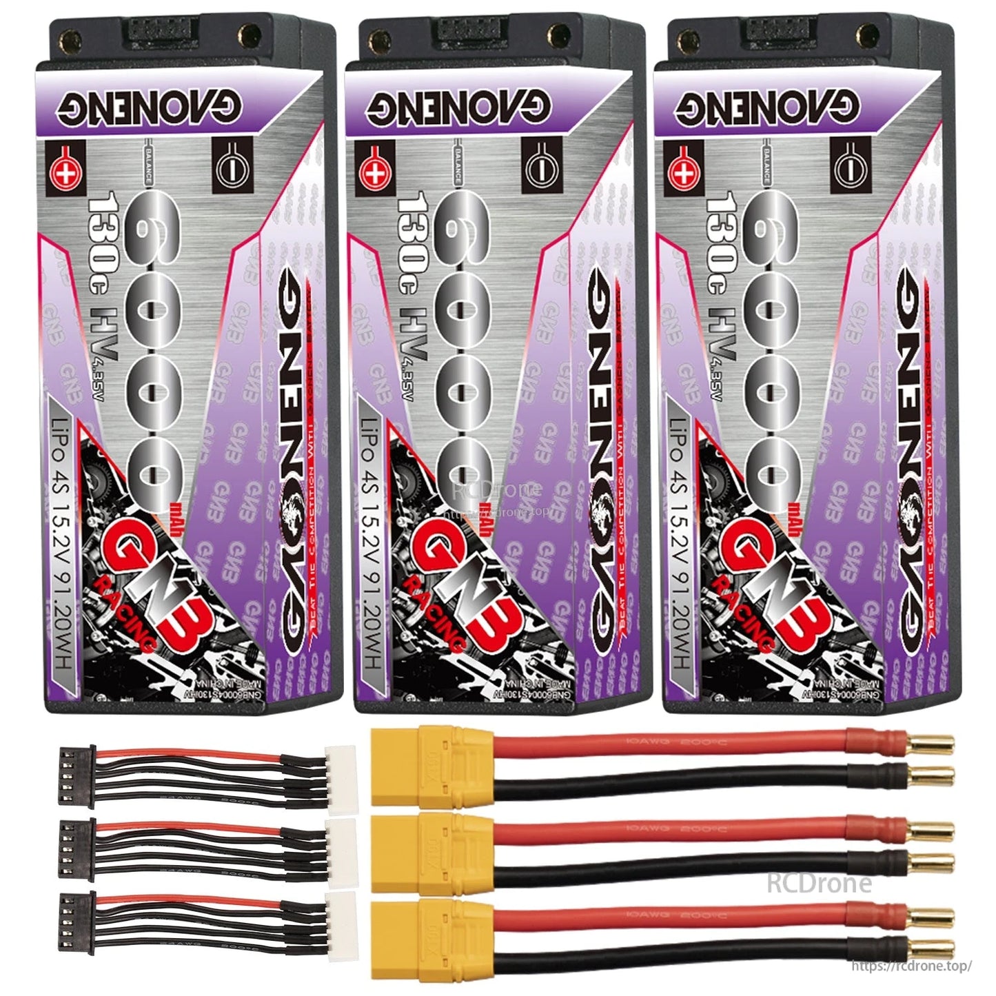 Three-pack bundle: 3 batteries with three power lead sets and three balance lead harnesses laid out