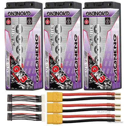 Three-pack bundle: 3 batteries with three power lead sets and three balance lead harnesses laid out