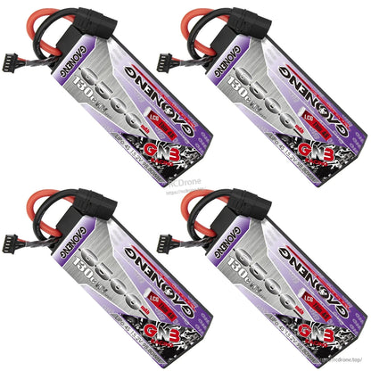 Four GAONENG GNB 6500mAh hard case LiHV battery packs shown at angle, XT90 leads visible