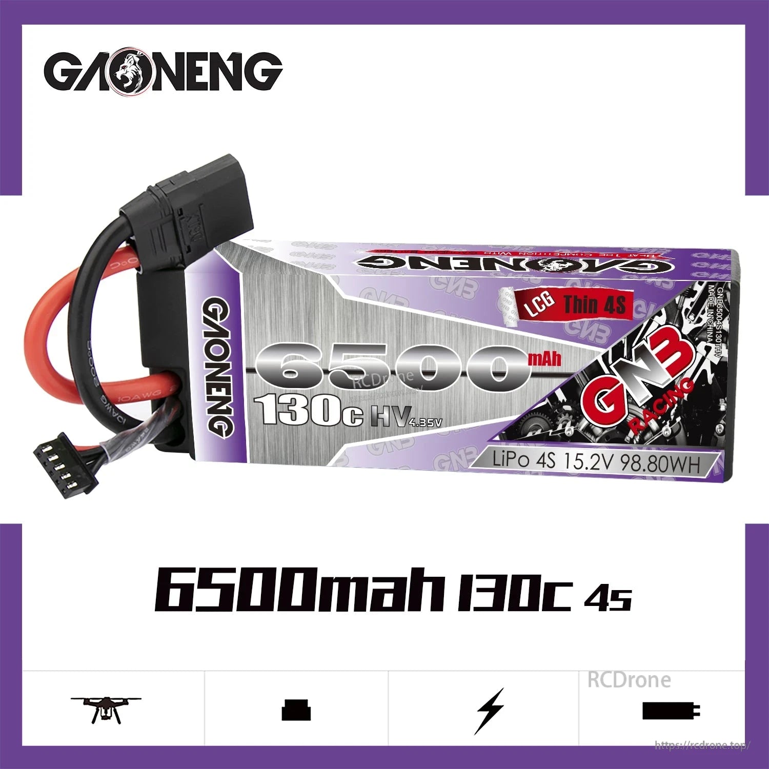 GAONENG GNB 6500mAh 130C 4S LiHV hard case LiPo battery on spec graphic background