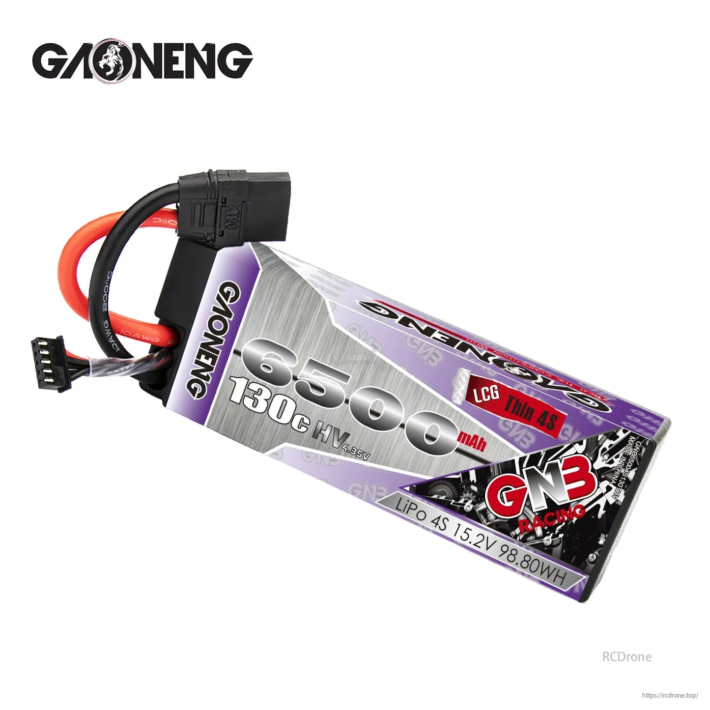 Angled side view showing GNB Racing label, hard case shell, XT90 lead and balance connector