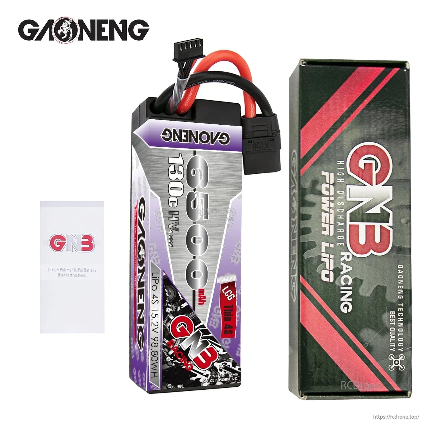 Package contents: GAONENG GNB battery, GNB Racing box, and user instructions card