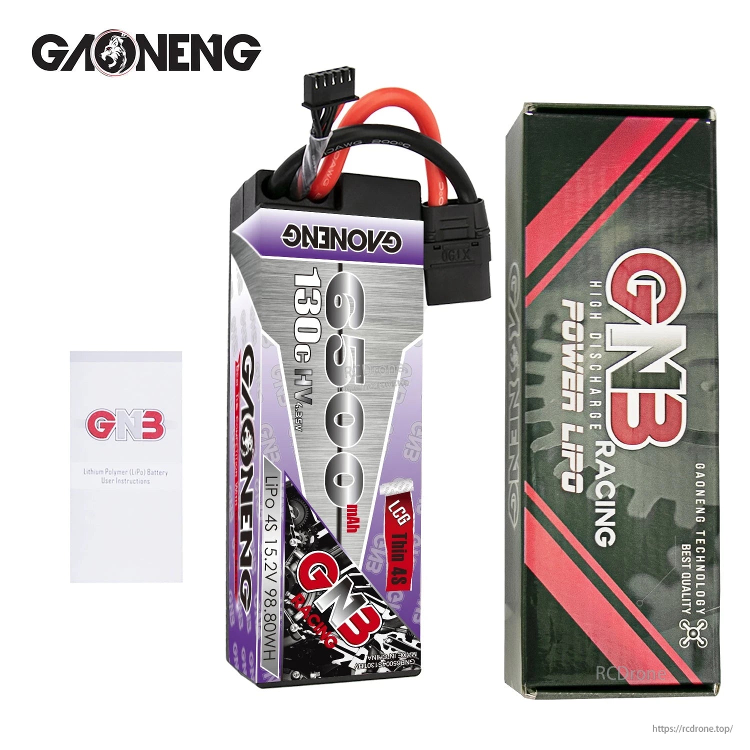 Package contents: GAONENG GNB battery, GNB Racing box, and user instructions card