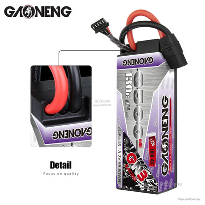 Close-up detail of wire exit and hard case end cap on GAONENG GNB 6500mAh pack
