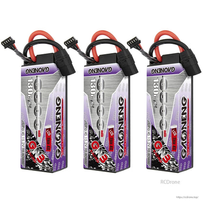 Three GAONENG GNB 6500mAh 130C LiHV hard case batteries shown upright for multi-pack view
