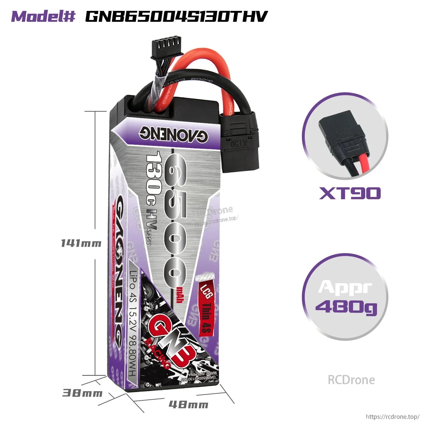 Battery dimensions diagram with XT90 connector close-up and approximate 480g weight callout