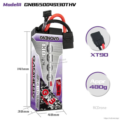 Battery dimensions diagram with XT90 connector close-up and approximate 480g weight callout