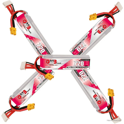 Five GNB 720mAh LiHV 4S long LiPo batteries arranged in star pattern showing connectors and labels
