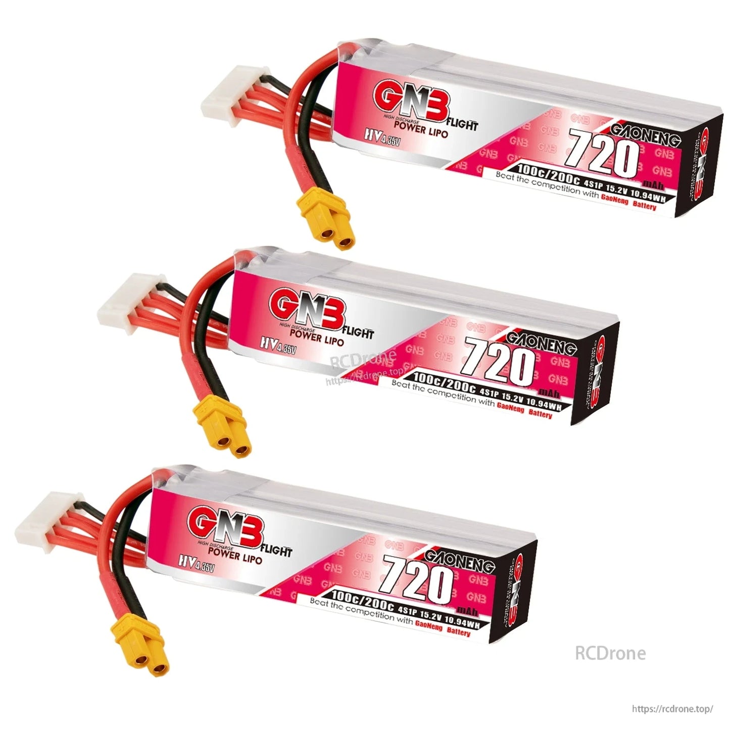 Three GNB 720mAh 4S LiHV long batteries shown together with XT30 connectors and balance plugs
