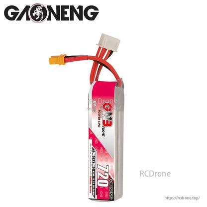 Long-format GNB 720mAh LiHV 4S LiPo battery standing upright showing side profile and leads