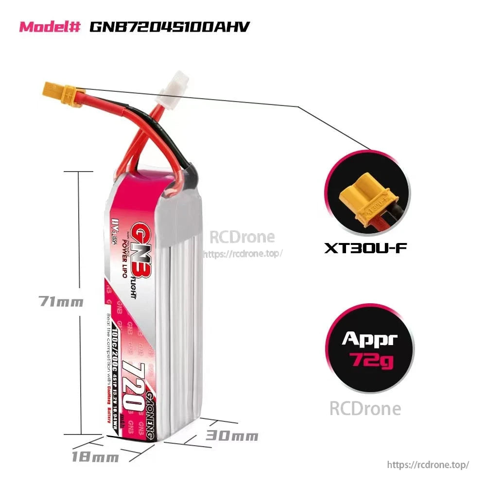 Battery size diagram 71×30×18mm with XT30U-F connector close-up and approx 72g weight callout