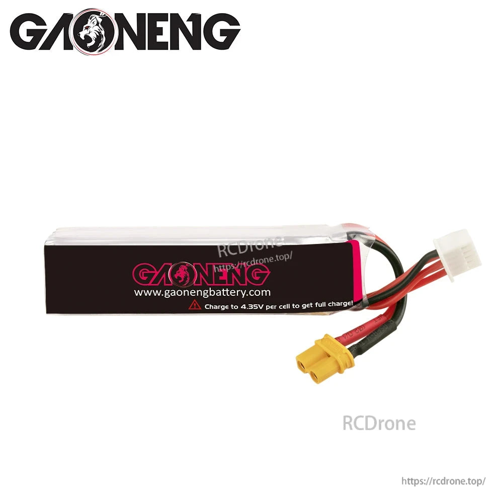 Rear label view with gaonengbattery.com and charging note: charge to 4.35V per cell for full charge