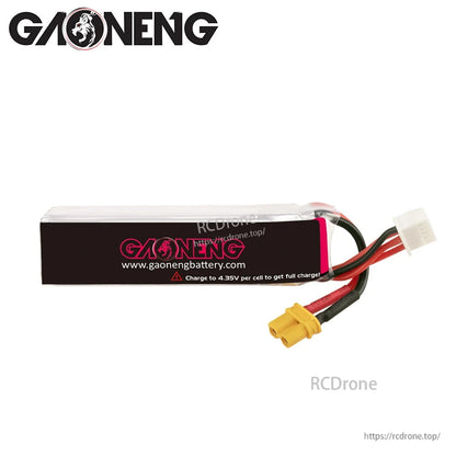 Rear label view with gaonengbattery.com and charging note: charge to 4.35V per cell for full charge