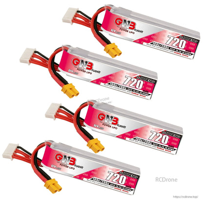 Four GNB 720mAh 4S LiHV long batteries arranged diagonally with XT30 connectors and balance leads