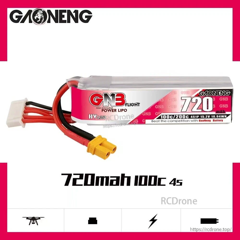 GAONENG GNB LiHV 4S 720mAh 100C battery graphic highlighting 4S and 720mAh rating