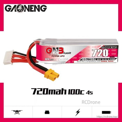 GAONENG GNB LiHV 4S 720mAh 100C battery graphic highlighting 4S and 720mAh rating