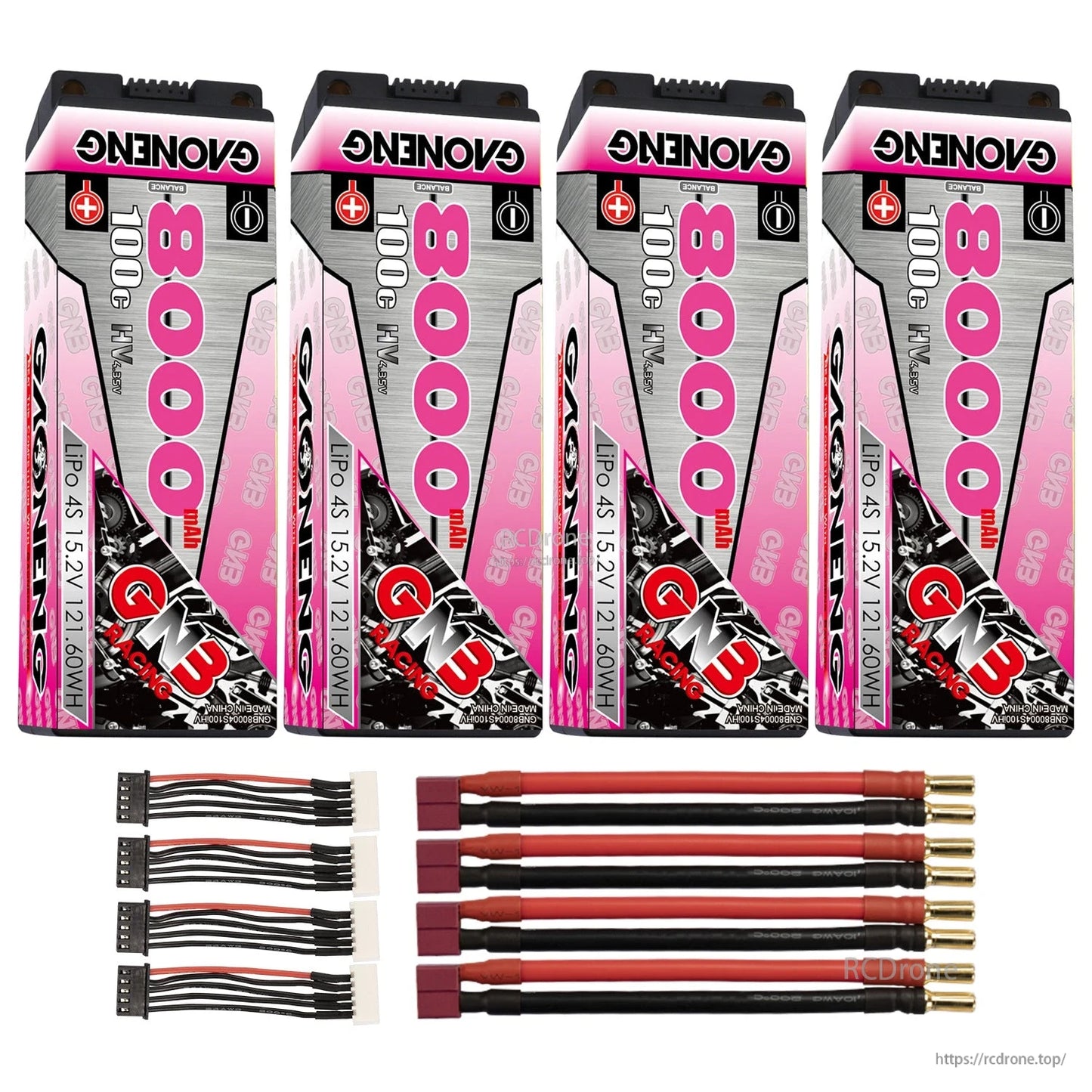 Four GNB 8000mAh hard case batteries with red T-style plug leads, 5mm bullets, and four balance leads