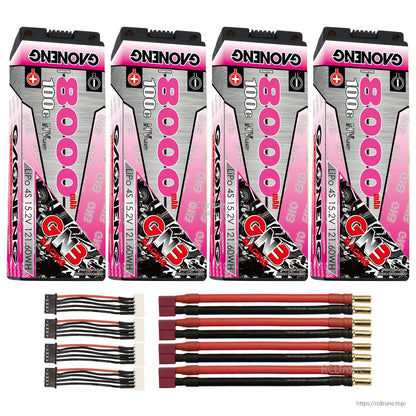 Four GNB 8000mAh hard case batteries with red T-style plug leads, 5mm bullets, and four balance leads
