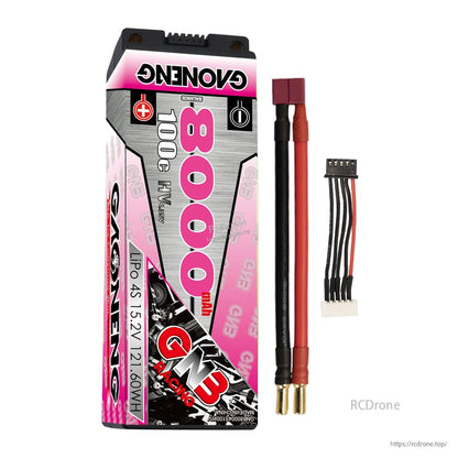 GNB 8000mAh 4S hard-case LiPo with red T-style plug lead, 5mm bullets, and balance connector