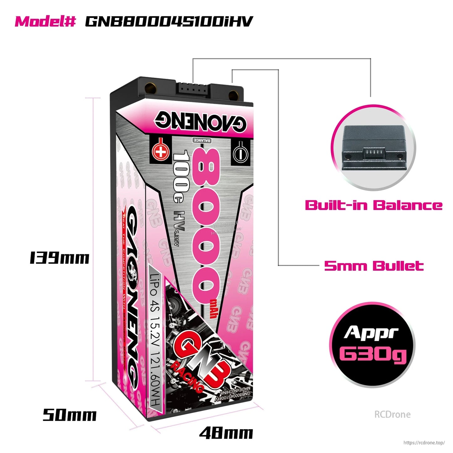 Battery dimensions diagram with built-in balance port, 5mm bullet output, and approx 630g weight