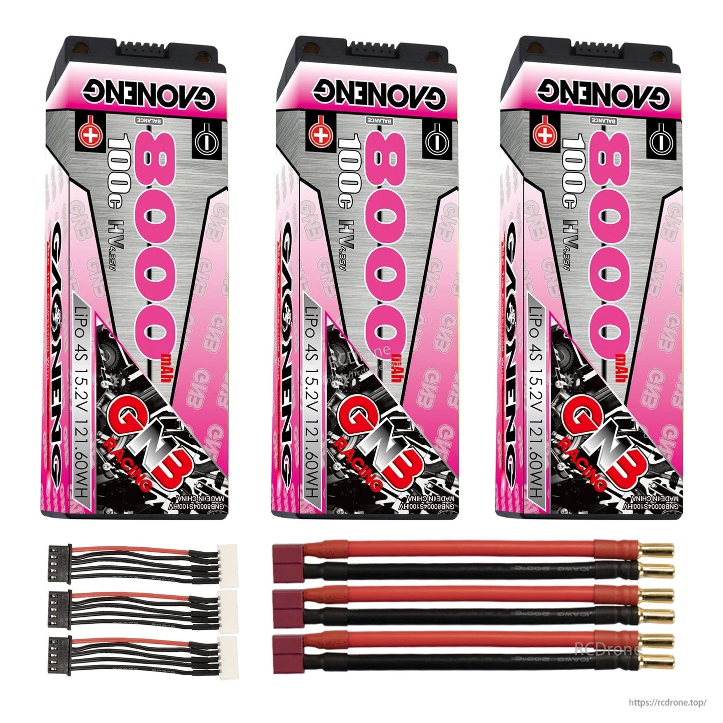 Three GNB 8000mAh hard case batteries with red T-style plug leads, 5mm bullets, and three balance leads