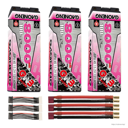 Three GNB 8000mAh hard case batteries with red T-style plug leads, 5mm bullets, and three balance leads