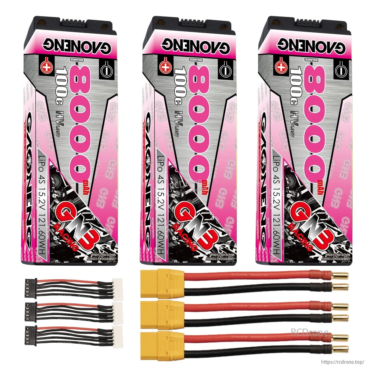 Three GNB 8000mAh hard case batteries with yellow plug leads, 5mm bullets, and three balance leads