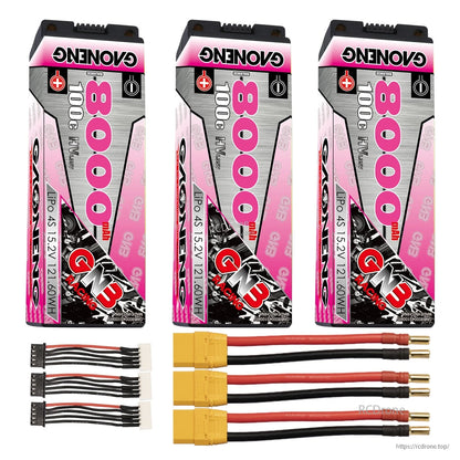 Three GNB 8000mAh hard case batteries with yellow plug leads, 5mm bullets, and three balance leads