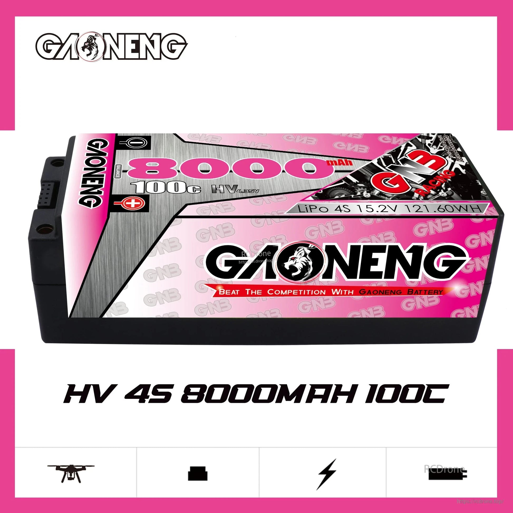 Side view graphic of GAONENG GNB LiHV 4S 8000mAh hard case battery labeled 100C, 15.2V
