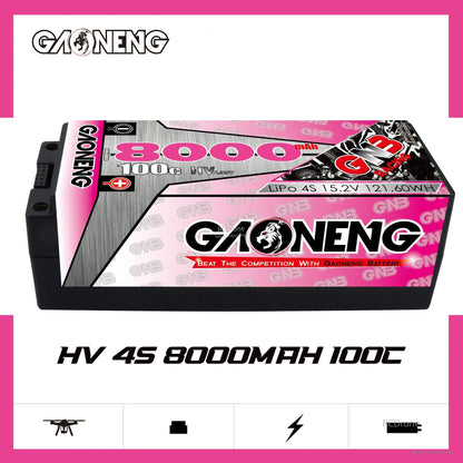 Side view graphic of GAONENG GNB LiHV 4S 8000mAh hard case battery labeled 100C, 15.2V