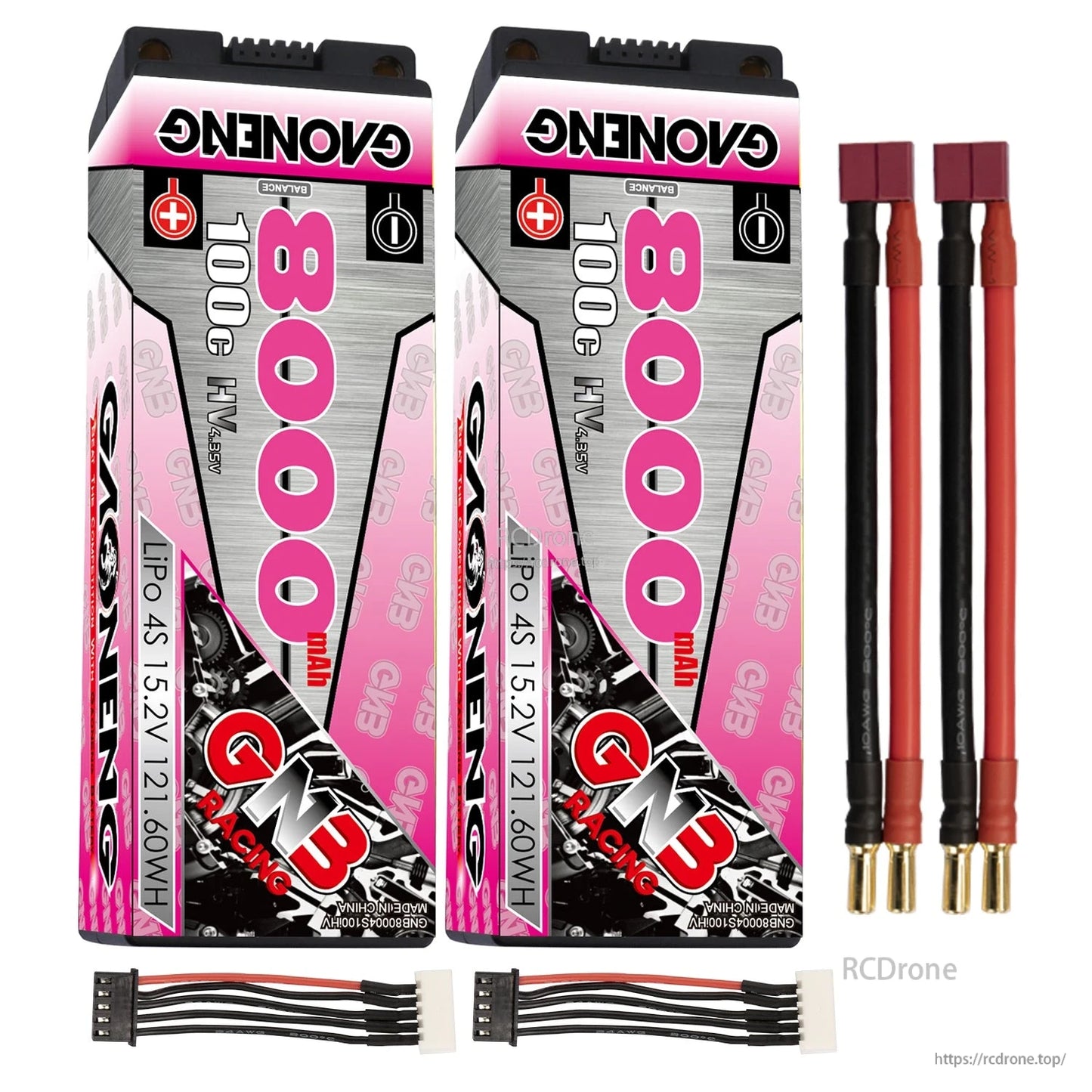 Two GNB 8000mAh hard case packs with red T-style plug leads, 5mm bullets, and balance connectors