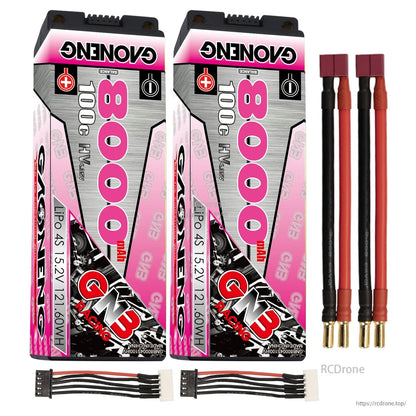Two GNB 8000mAh hard case packs with red T-style plug leads, 5mm bullets, and balance connectors