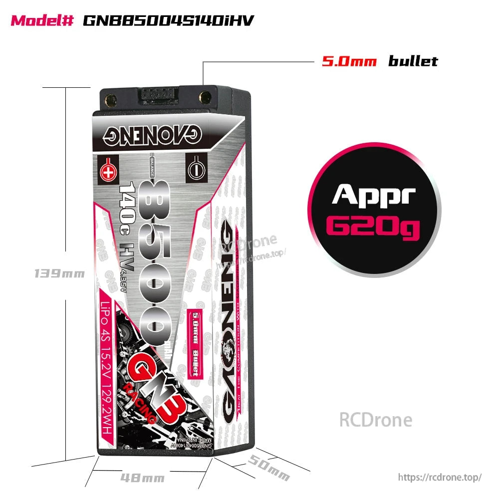 Battery dimensions and weight chart: 139×48×50mm, approx 620g, 5.0mm bullet leads