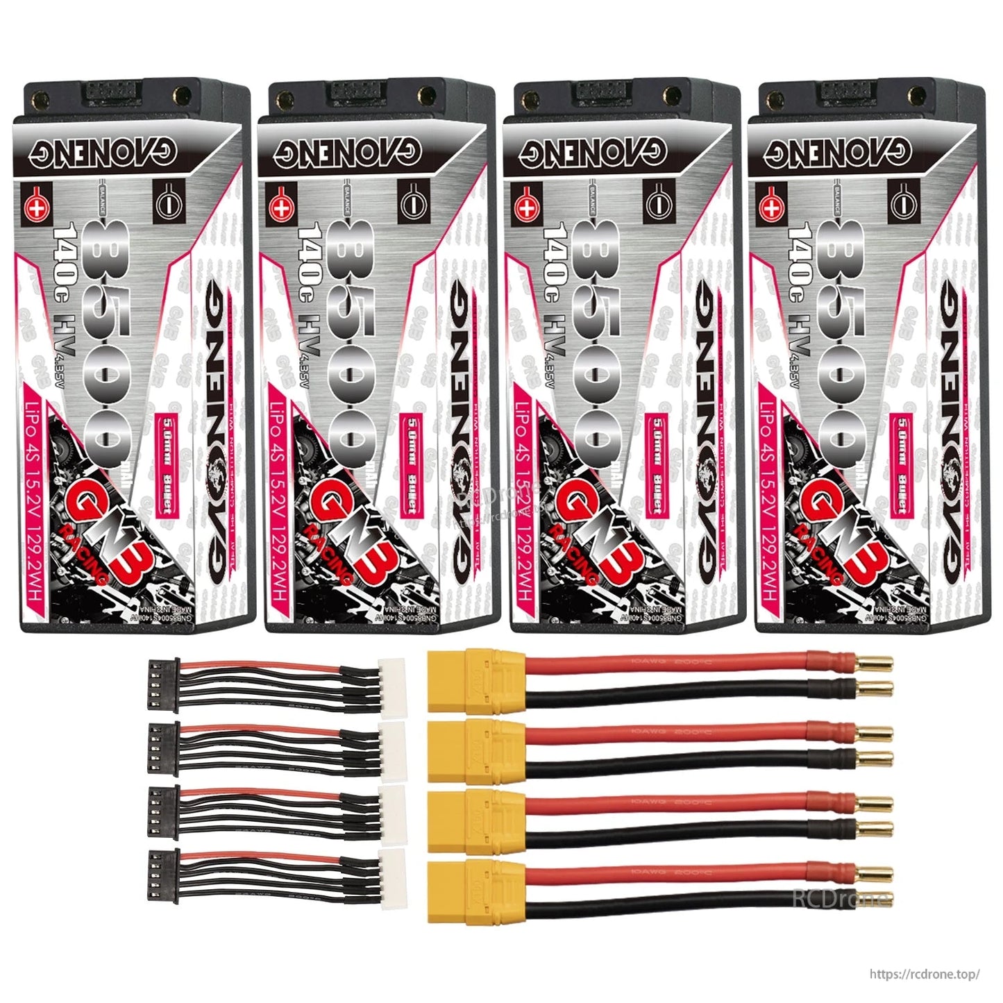 Four-pack bundle with XT90 adapters and balance leads for GNB 4S 8500mAh batteries