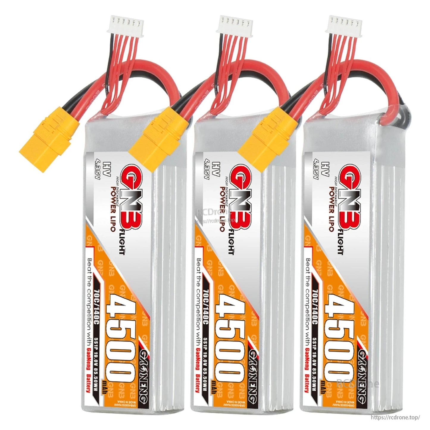 Three GNB 4500mAh LiHV battery packs lined up, each with balance lead and yellow XT90-style plug
