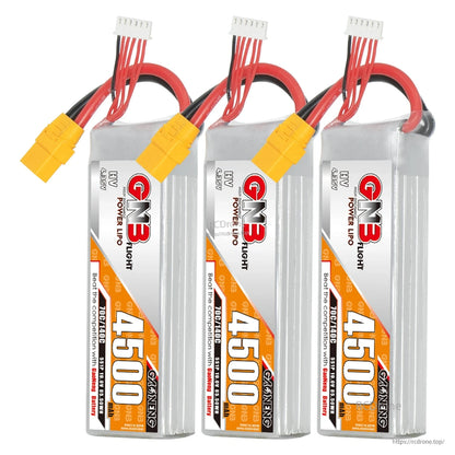 Three GNB 4500mAh LiHV battery packs lined up, each with balance lead and yellow XT90-style plug