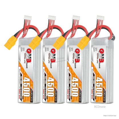 Four GNB 4500mAh LiHV battery packs grouped together with red/black leads and yellow XT90-style plugs