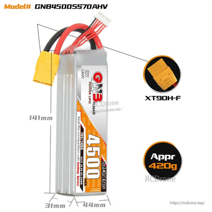 GNB 4500mAh LiHV battery dimensions diagram (141×44×31mm) with XT90H-F connector callout